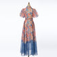 Women Summer Floral Short Sleeved Waist Long Dress