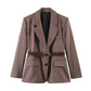 Women Clothing Summer Office Herringbone Twill Belt Blazers