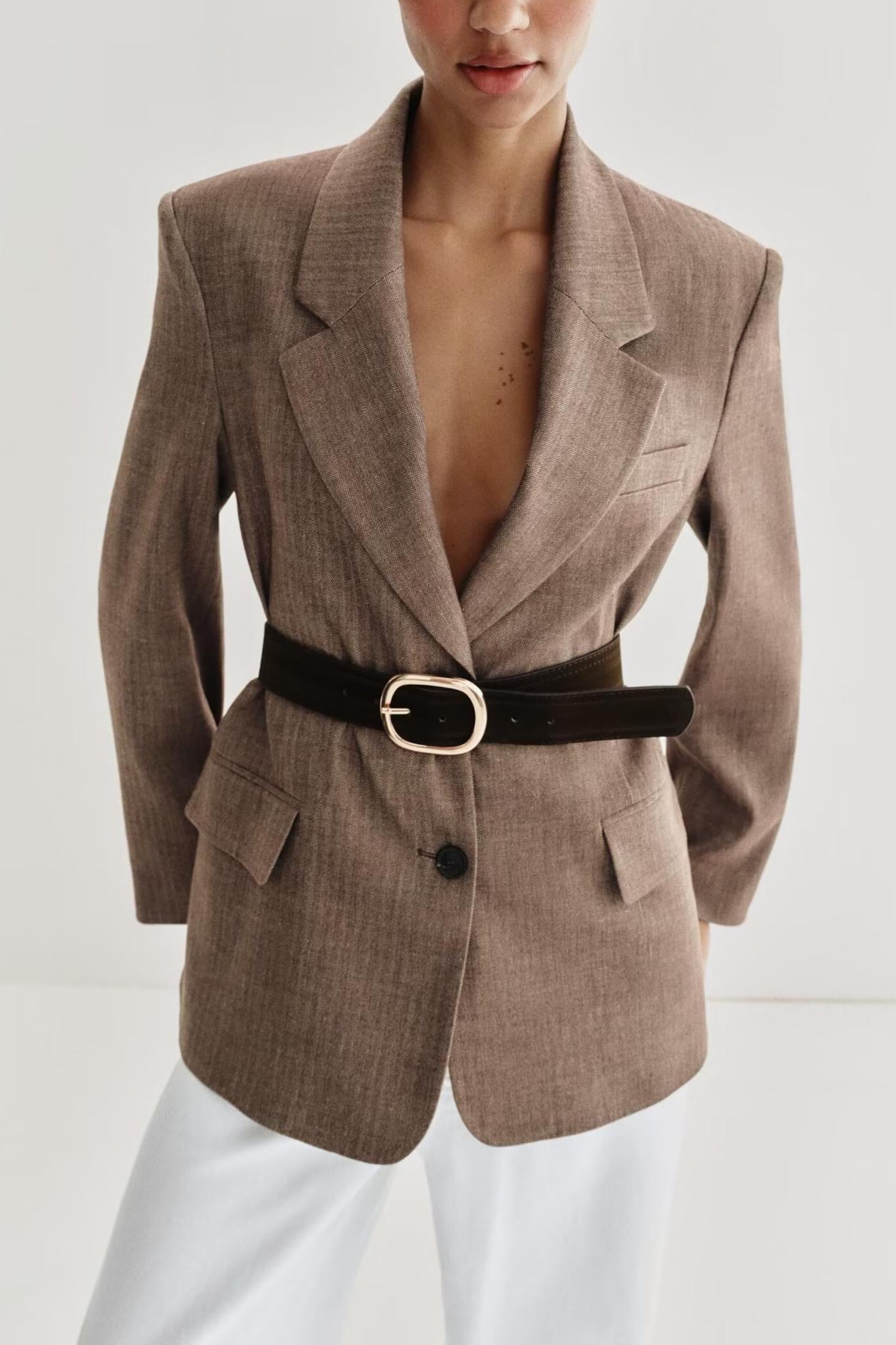 Women Clothing Summer Office Herringbone Twill Belt Blazers