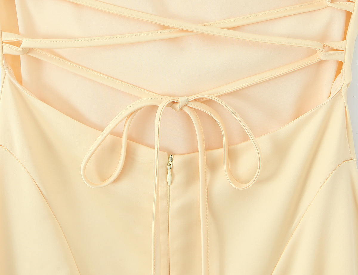 Butter Yellow Satin Cinched Waist Dress