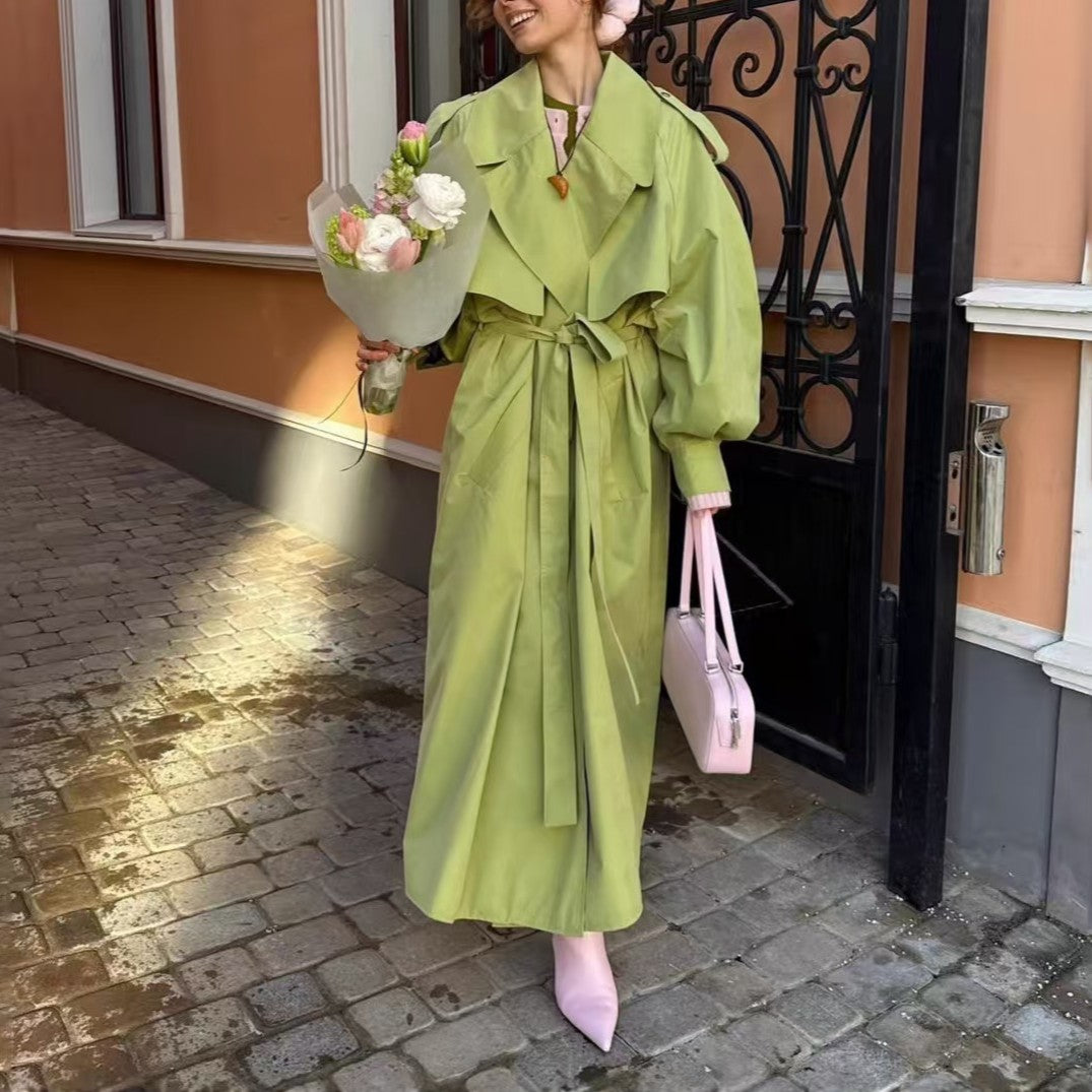 Women Clothing Summer Solid Color Tied Tight Waist Mid Length Elegant Trench Coat