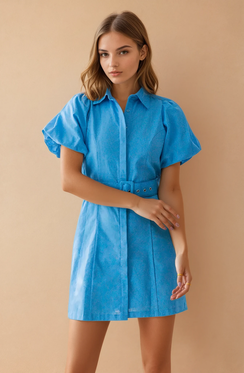 Bella Belted Blue Puffy Sleeve Dress