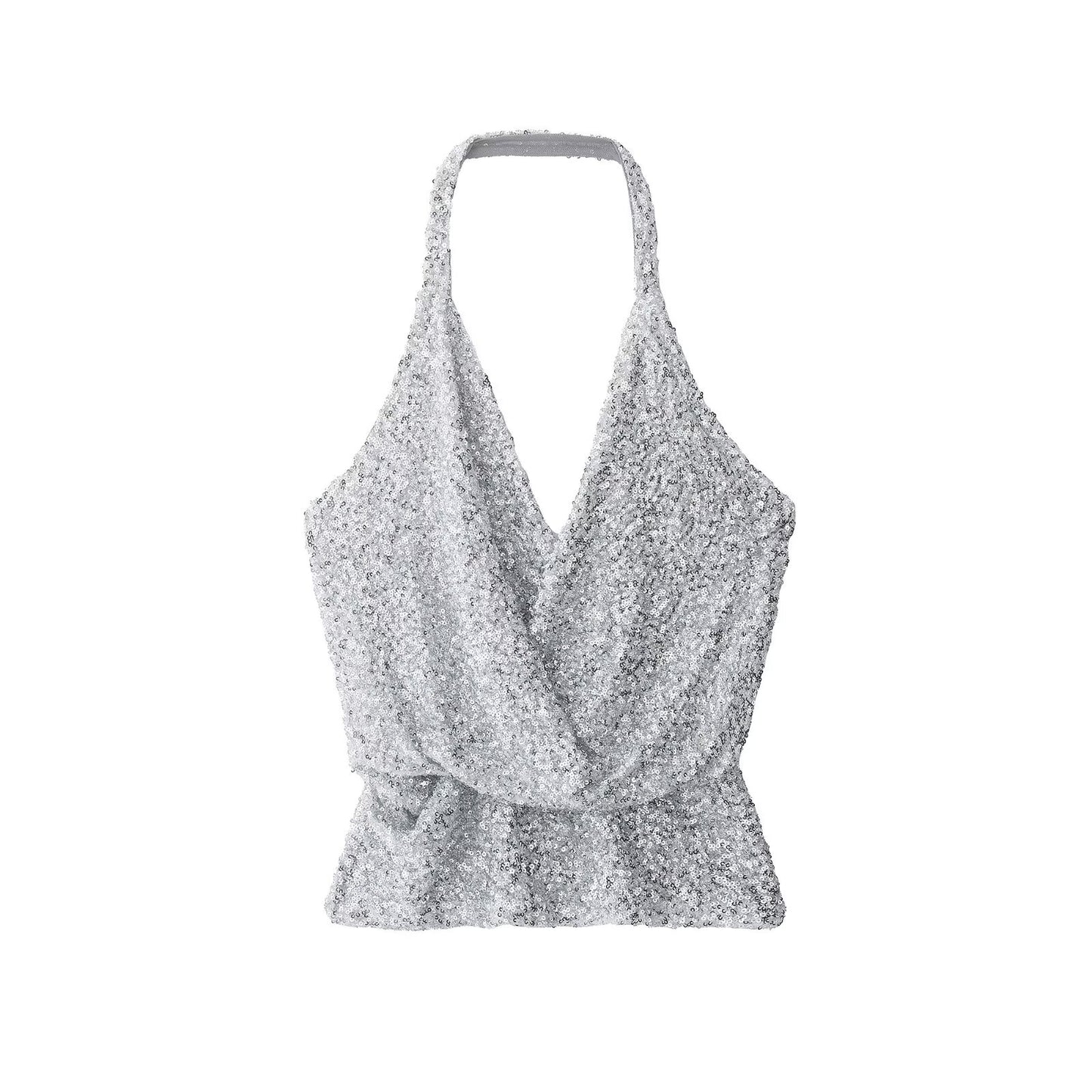 Women Clothing Summer Sexy Pleated Beads Decoration Halter Top
