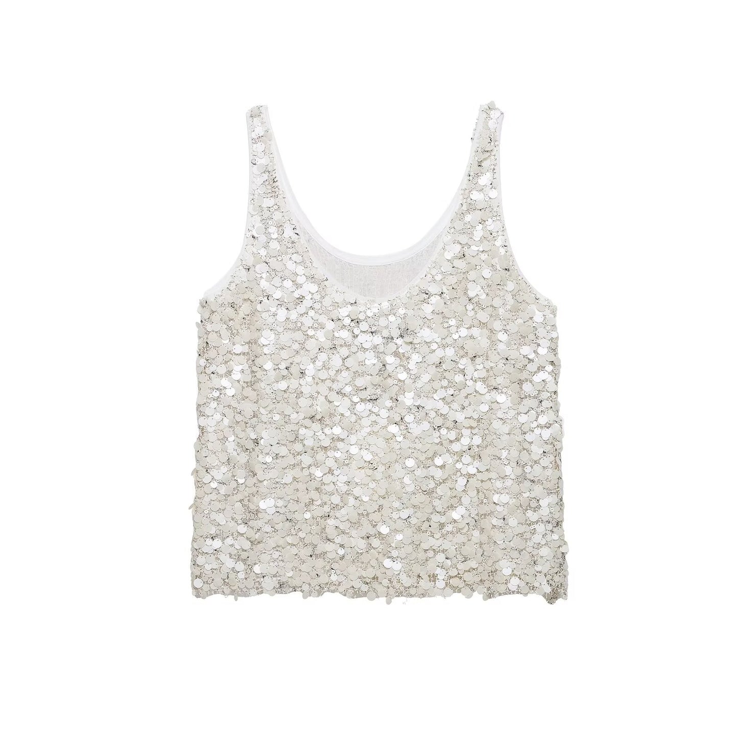 Women Clothing Summer Sleeveless round Neck Beads Decoration Strap Top
