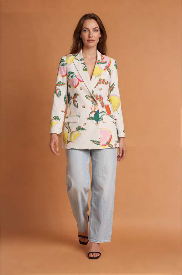 Autumn Fruit Printed Double Breasted Casual Blazer