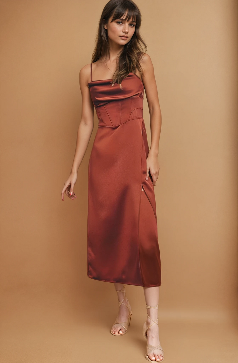 Rust Corset Midi Dress