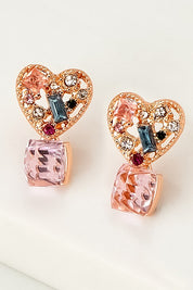 Pink heart stud earrings with CZ cube drop