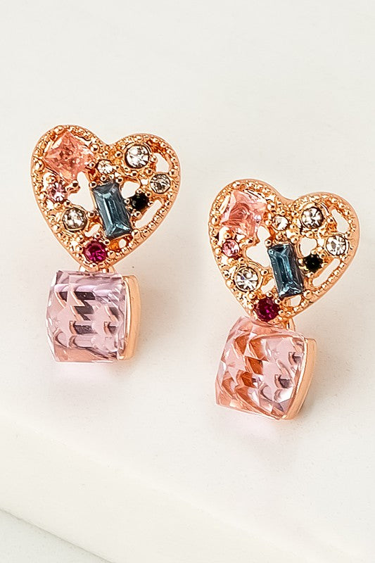 Pink heart stud earrings with CZ cube drop