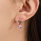Pink heart stud earrings with CZ cube drop
