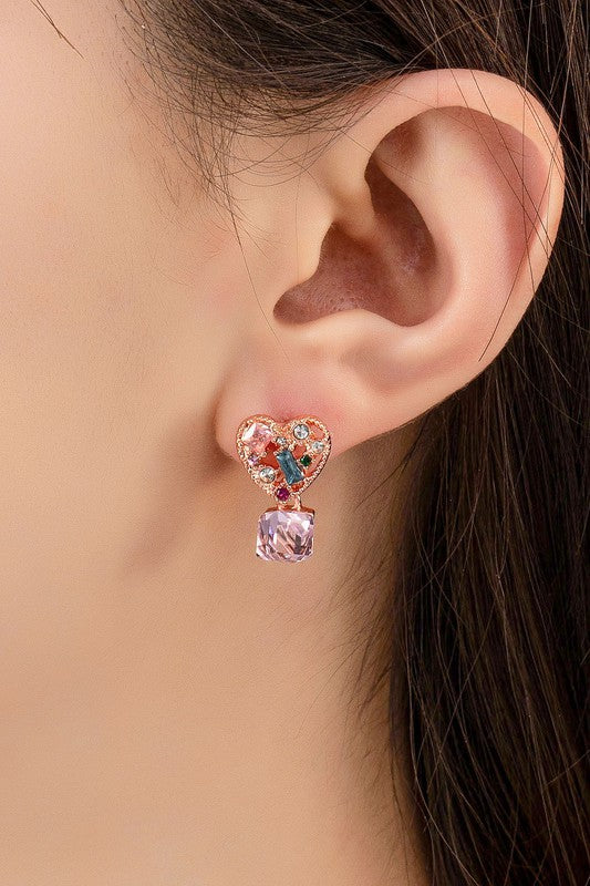 Pink heart stud earrings with CZ cube drop