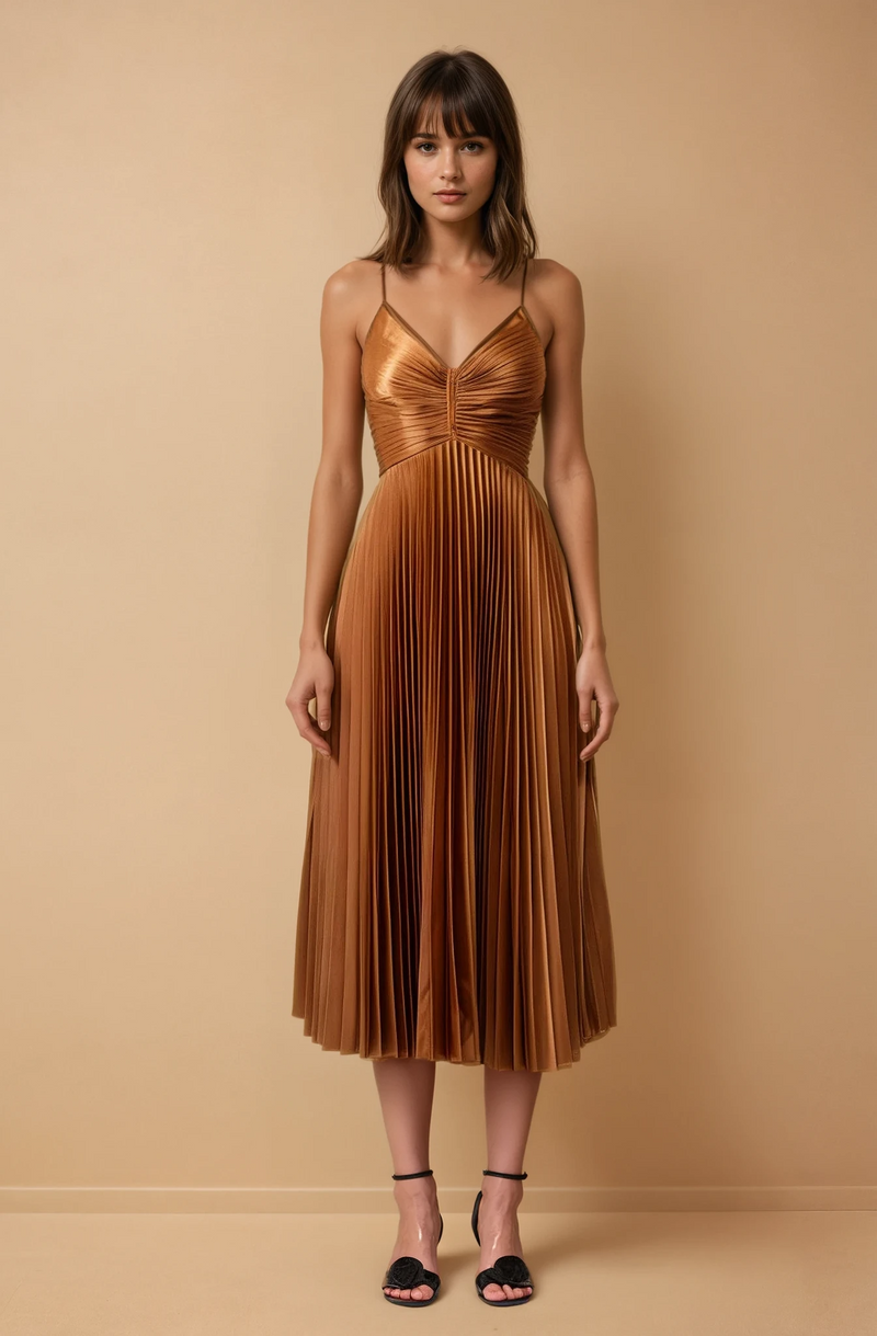 Sofie Bronze Pleated Midi Dress