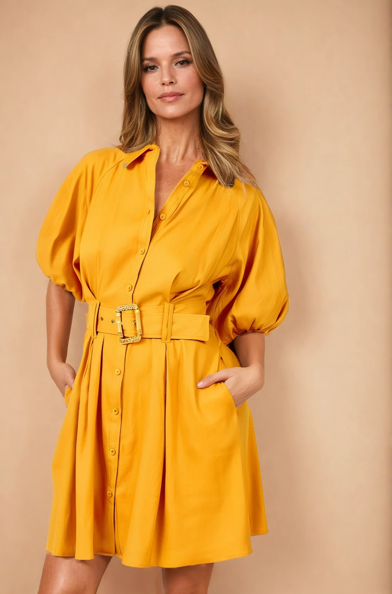 Elia Mustard Puff Sleeve Dress