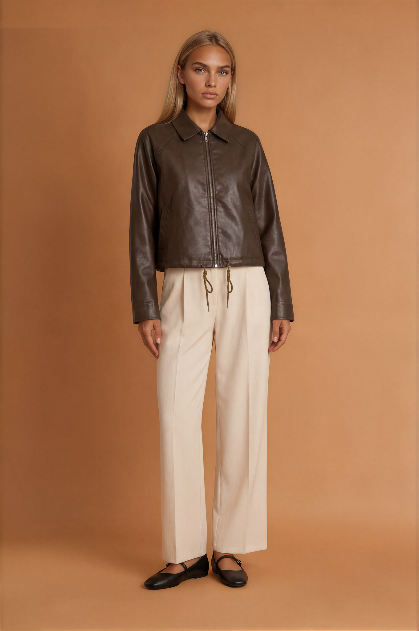 Retro Type Loose Short Drawstring Faux Leather Jacket