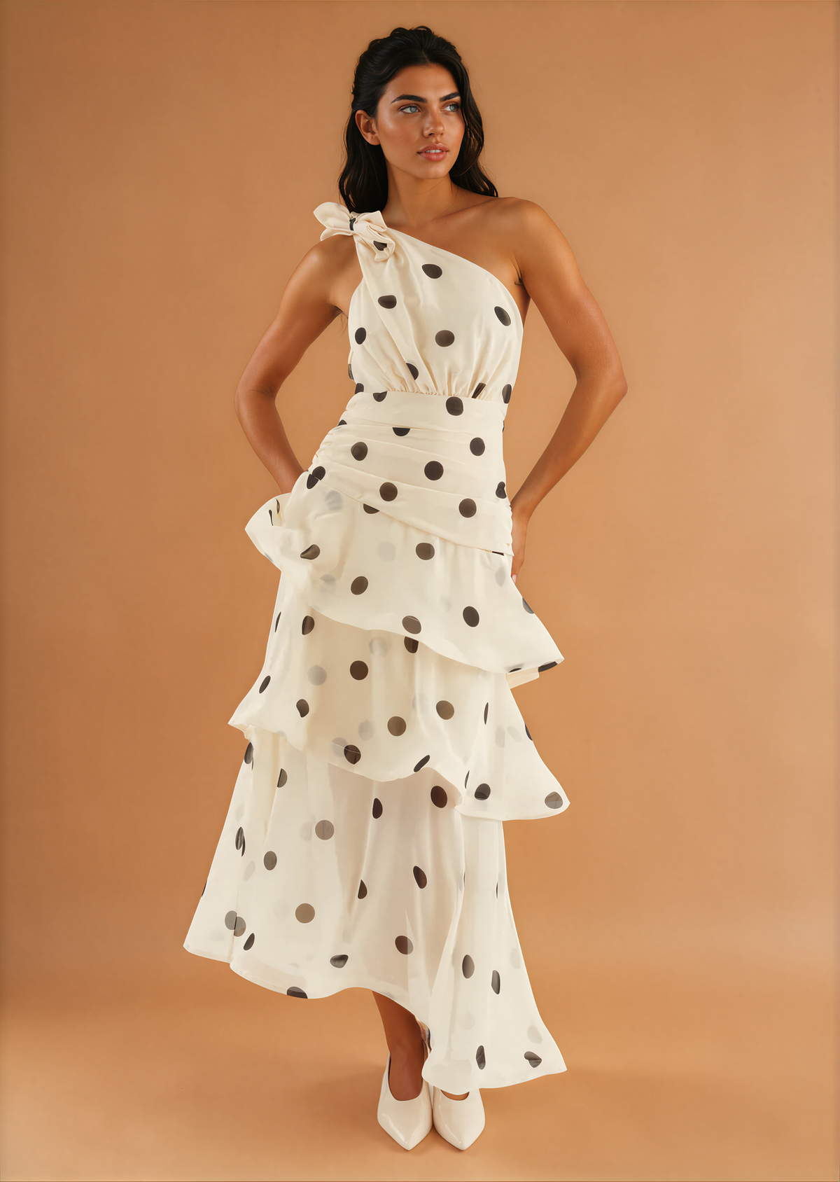 Graceful Backless Printed Polka Dot Tiered Dress