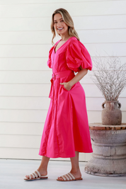 Watermelon V Neck Puff Sleeve Dress