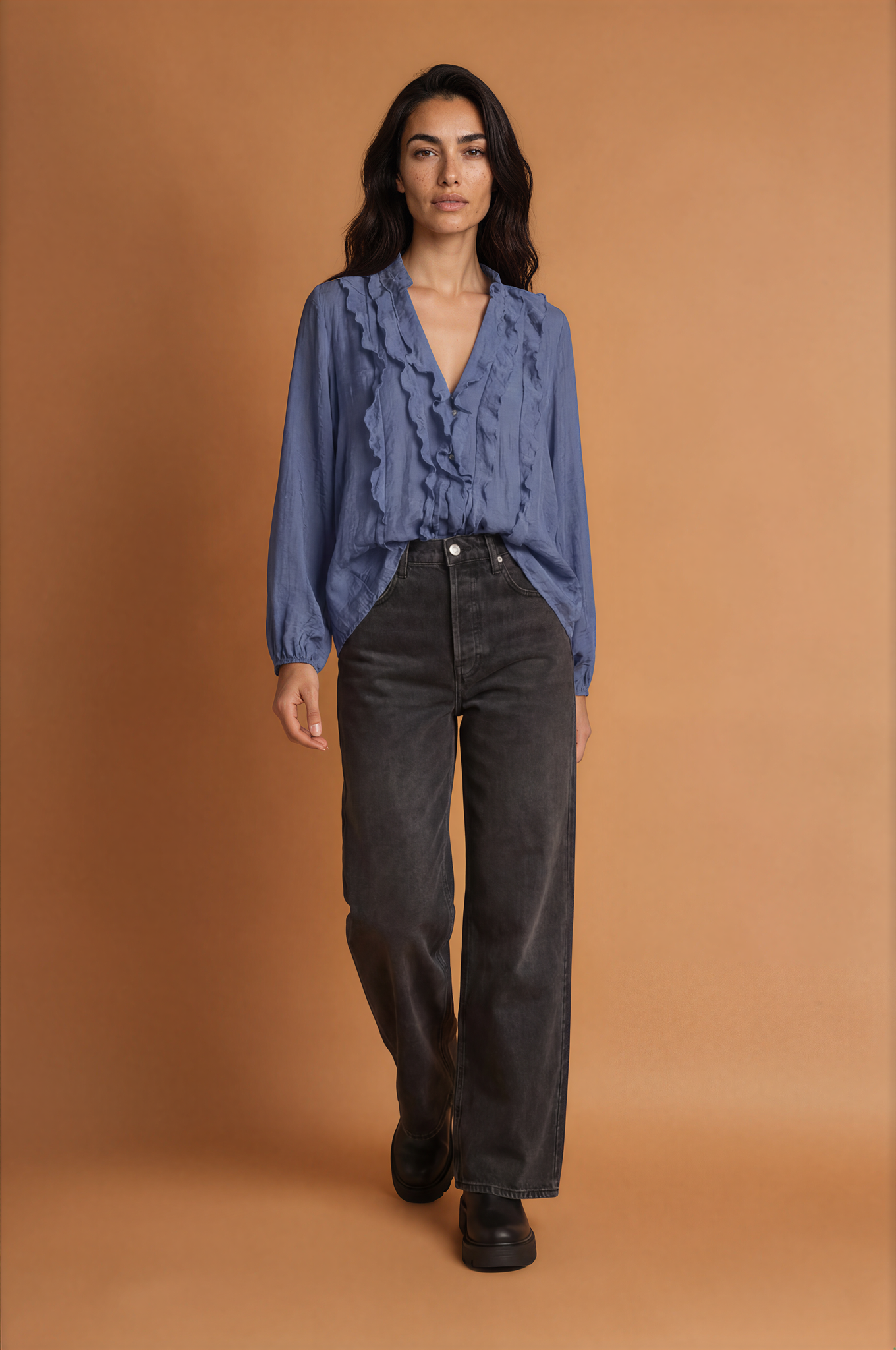 Frill V-Cut Long Sleeve Blouse