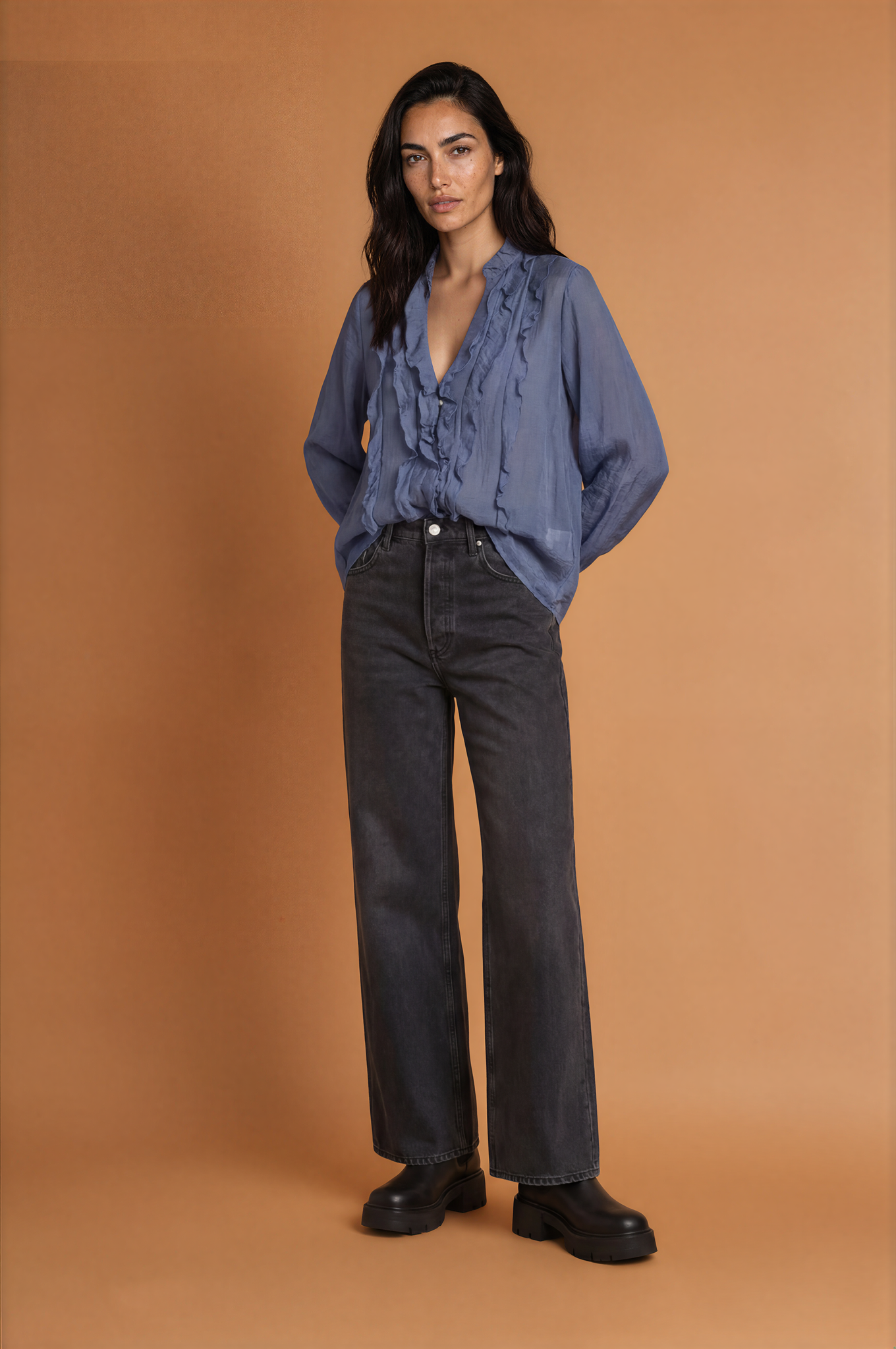 Frill V-Cut Long Sleeve Blouse
