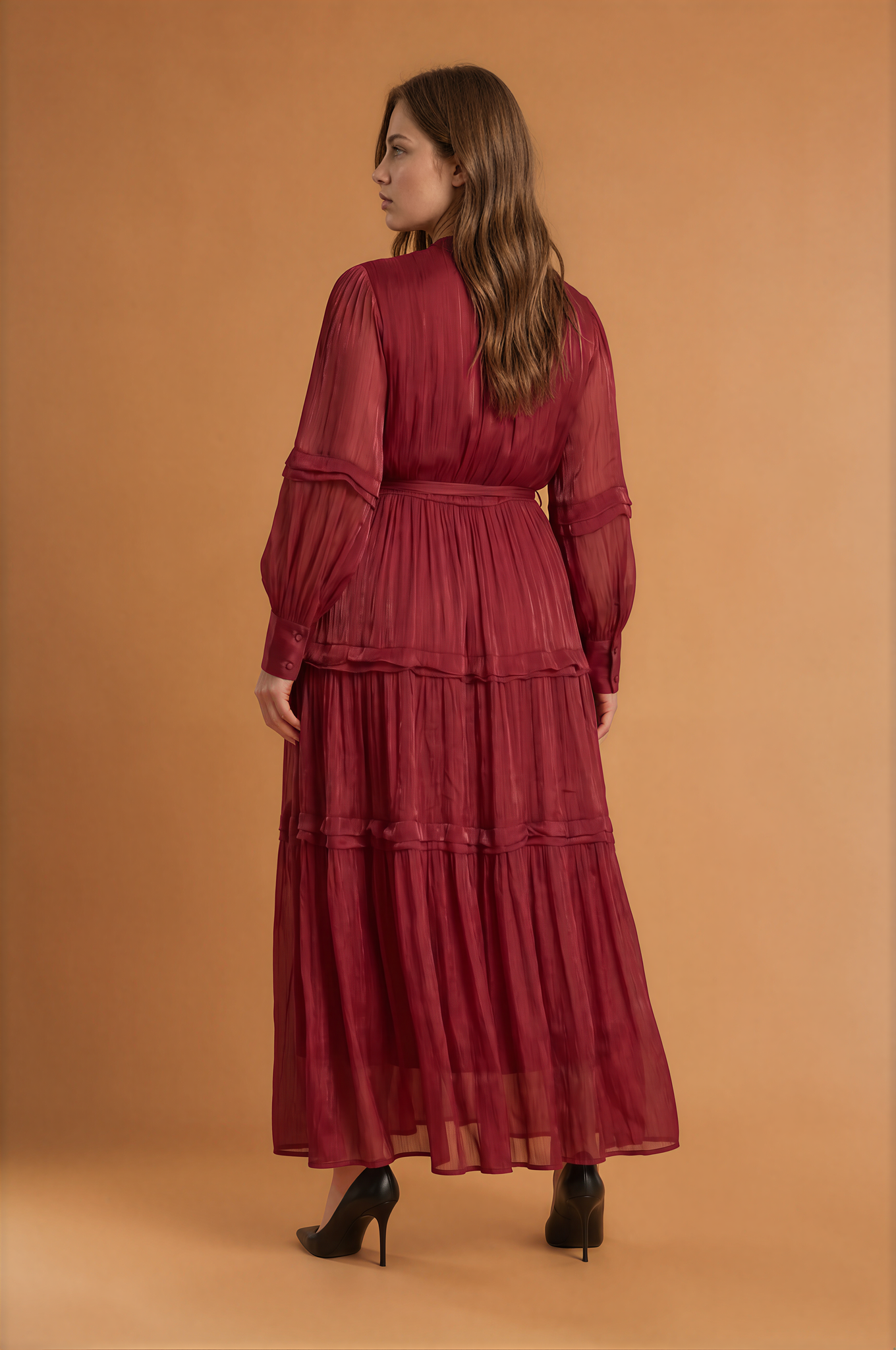 Elara Cinched Multi Layer Pleated Maxi Dress