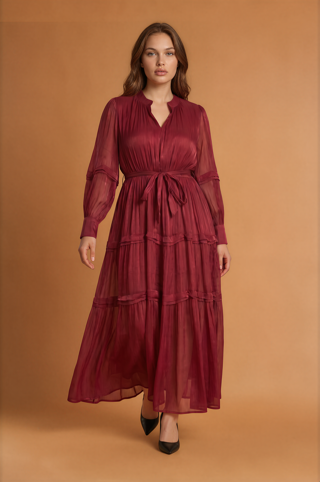 Elara Cinched Multi Layer Pleated Maxi Dress
