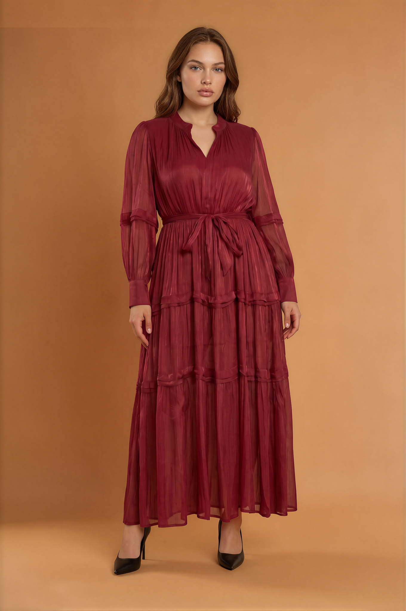 Elara Cinched Multi Layer Pleated Maxi Dress