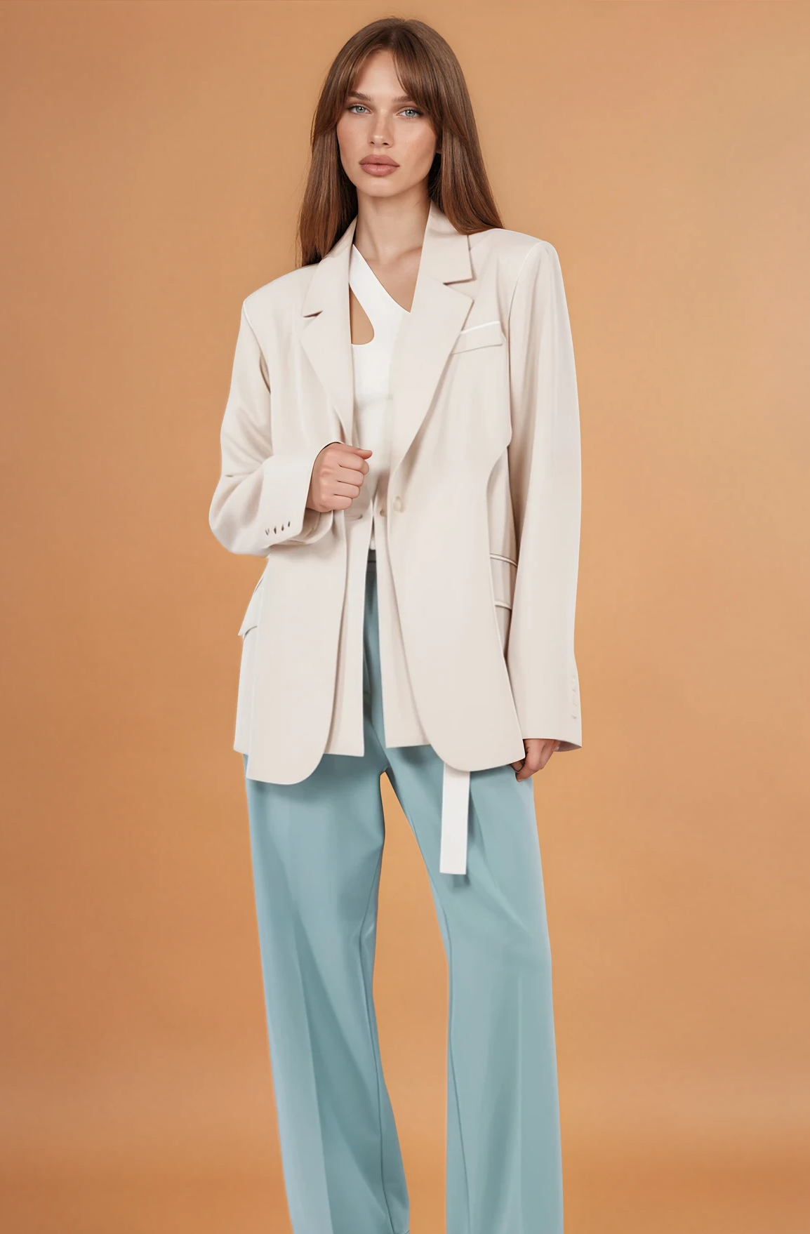 Sand Lapel Blazer with Trim
