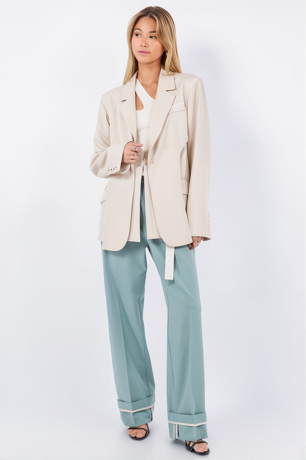 Sand Lapel Blazer with Trim