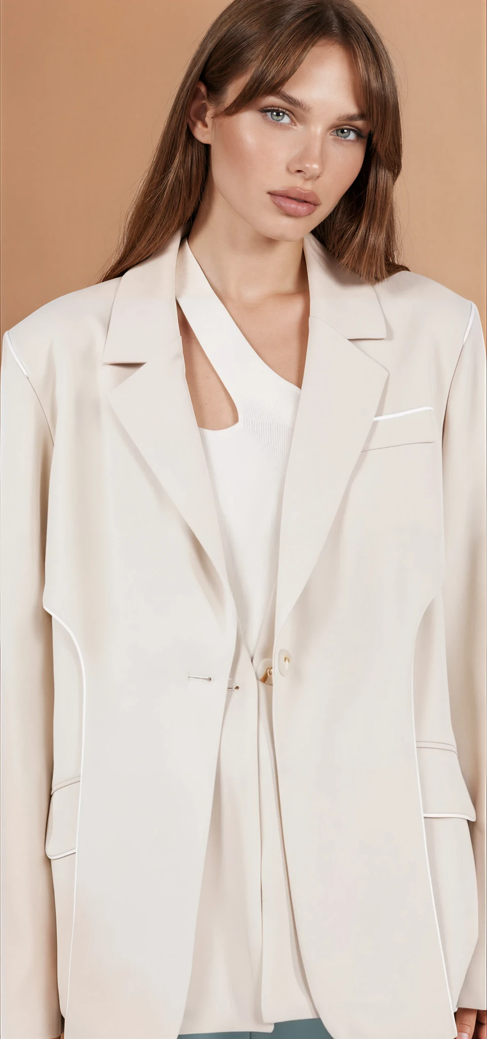 Sand Lapel Blazer with Trim