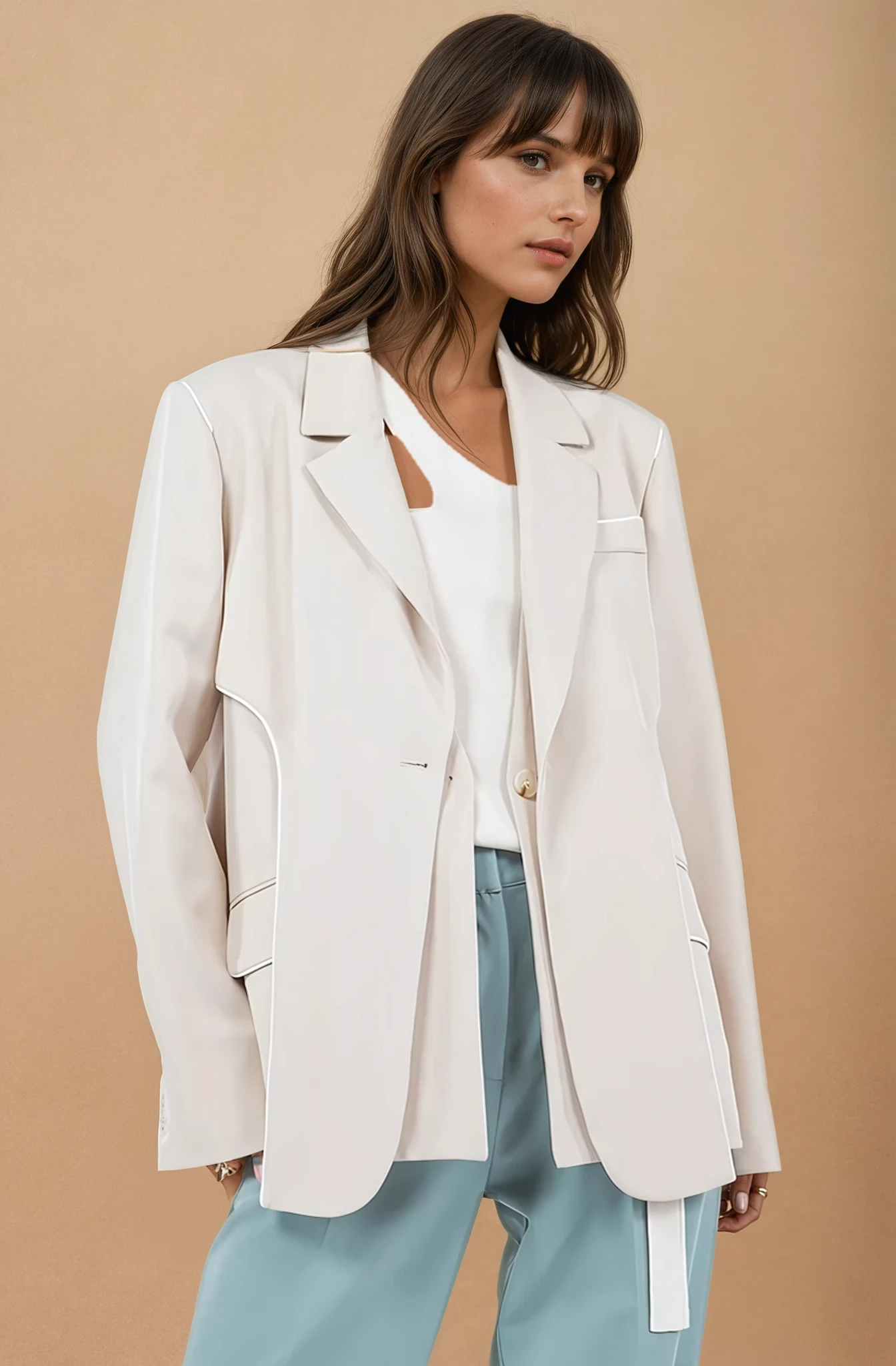 Sand Lapel Blazer with Trim