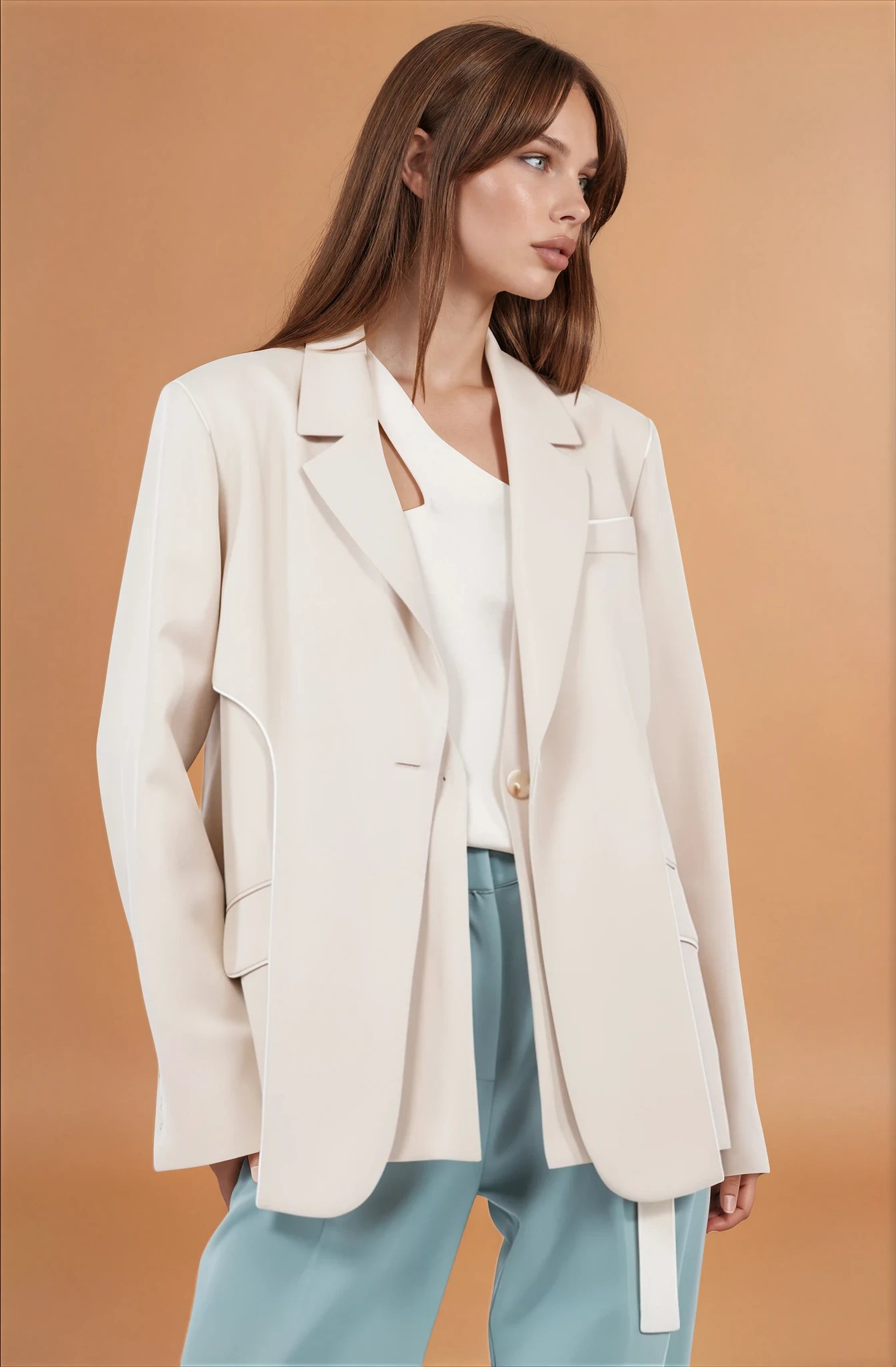 Sand Lapel Blazer with Trim