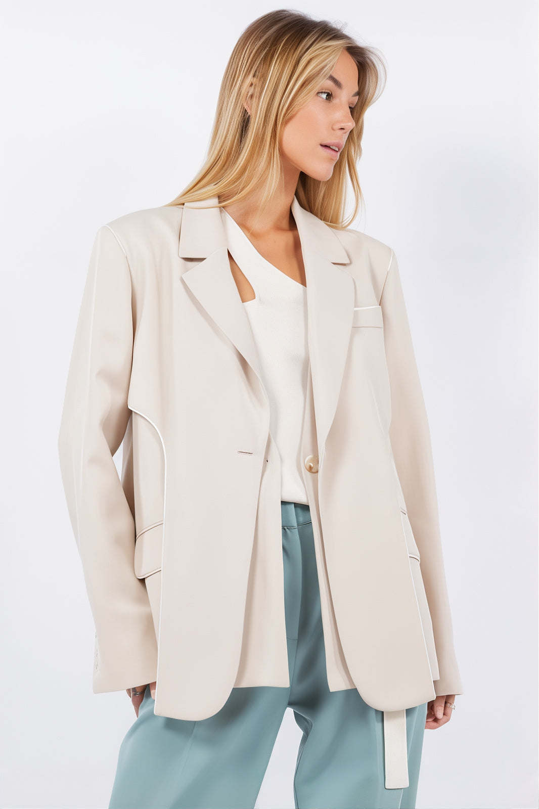 Sand Lapel Blazer with Trim