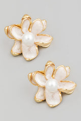 Pearl Stud Metallic Flower Stud Earrings