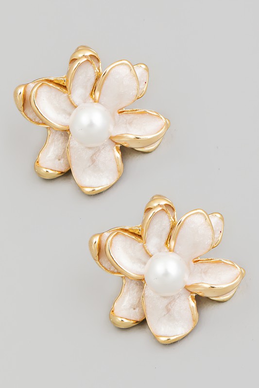 Pearl Stud Metallic Flower Stud Earrings