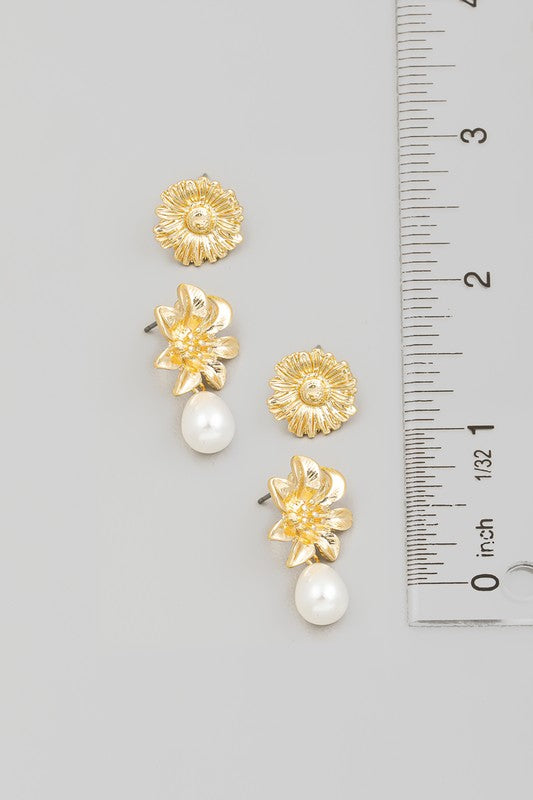Pearl Charm Metallic Floral Stud Earrings Set