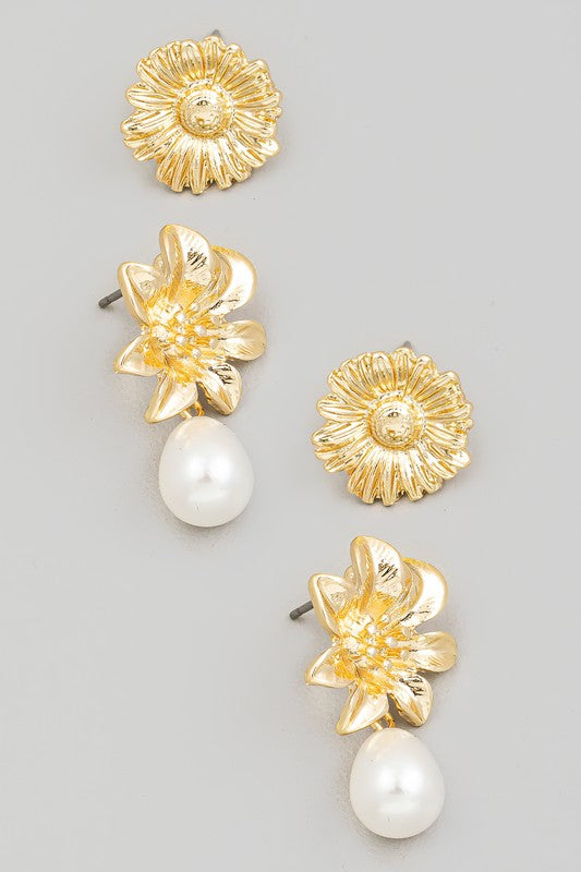 Pearl Charm Metallic Floral Stud Earrings Set