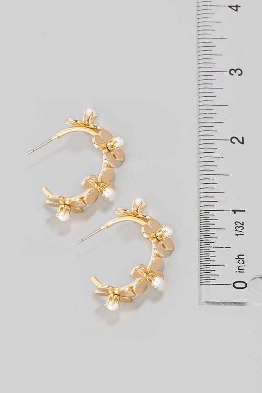 Pearl Studded Metallic Flower Hoop Earrings