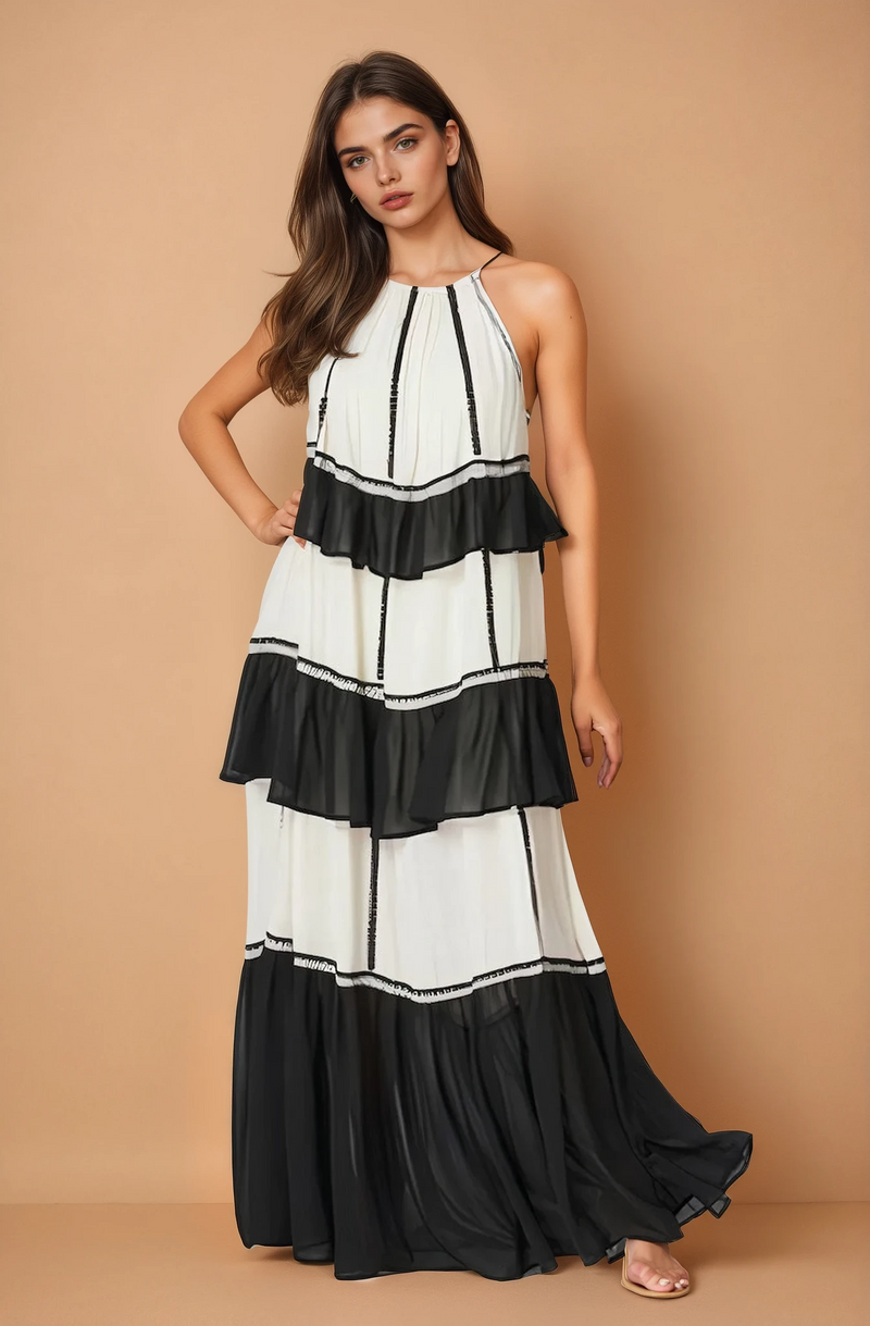Lea Flowy Maxi Dress - Black & White