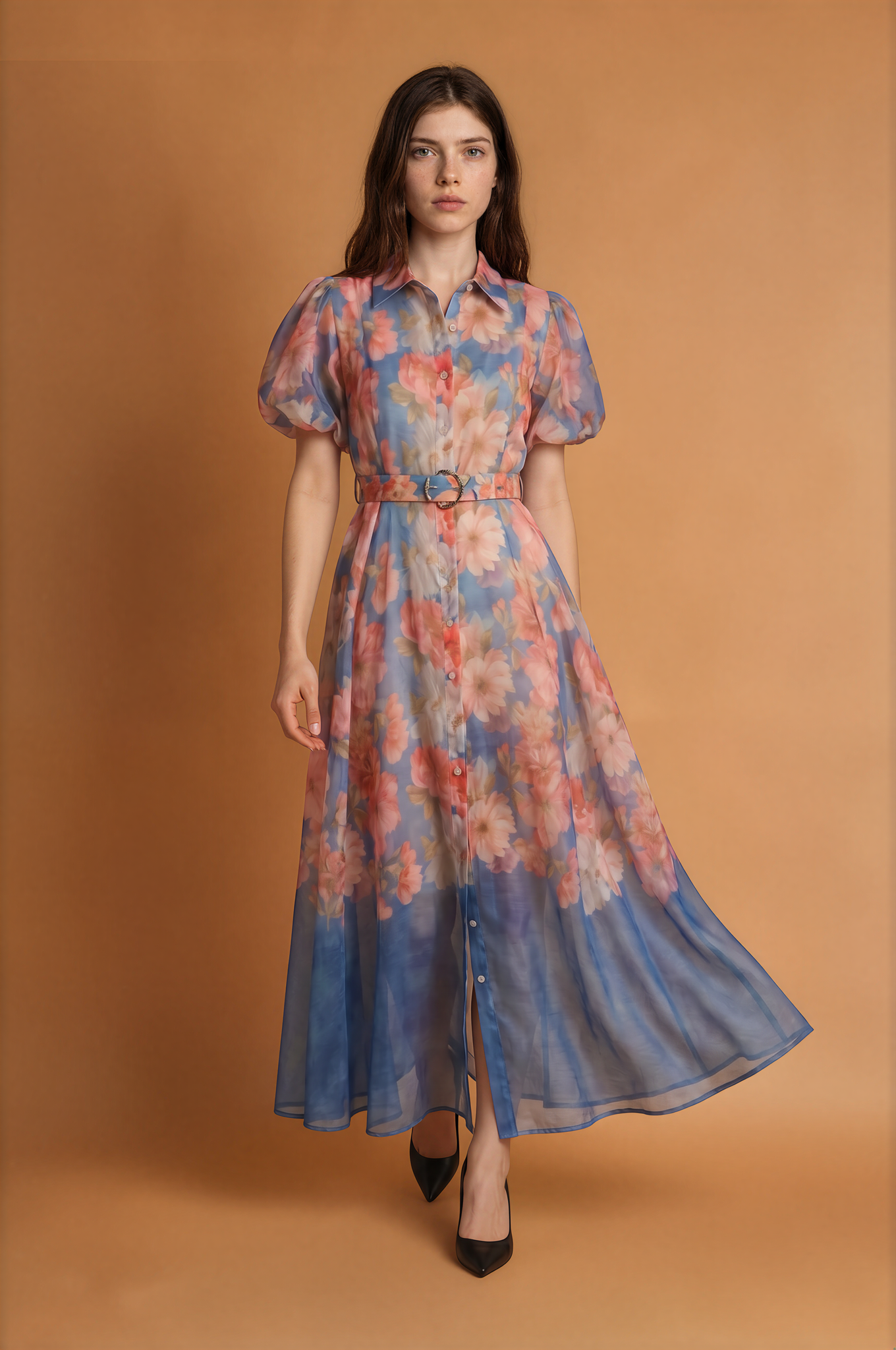 Women Summer Floral Short Sleeved Waist Long Dress