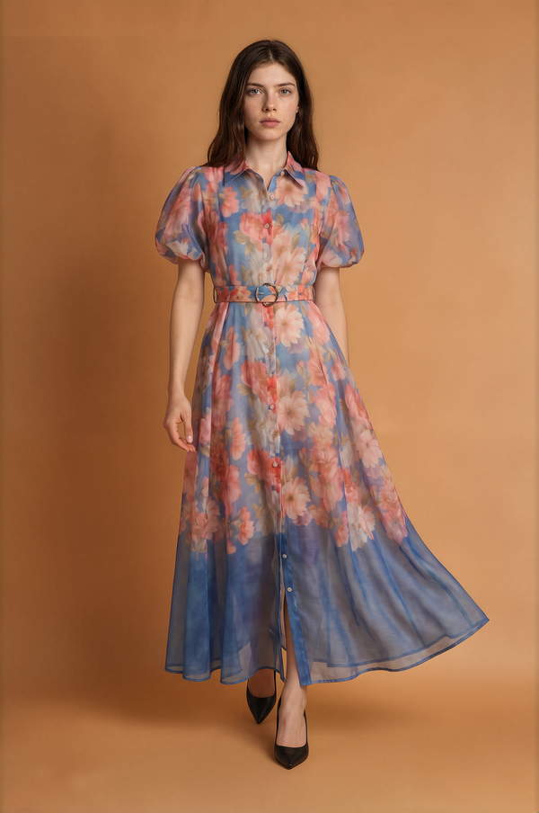 Women Summer Floral Short Sleeved Waist Long Dress