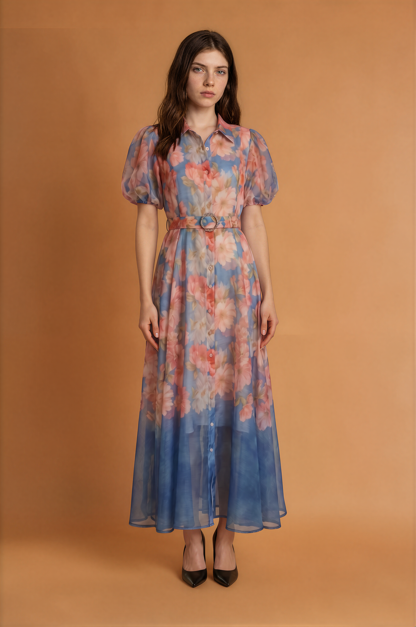 Women Summer Floral Short Sleeved Waist Long Dress