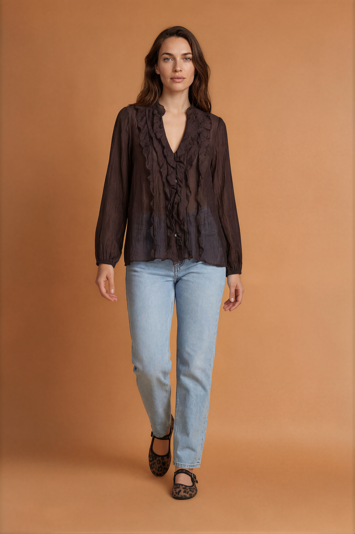 Frill V-Cut Long Sleeve Blouse