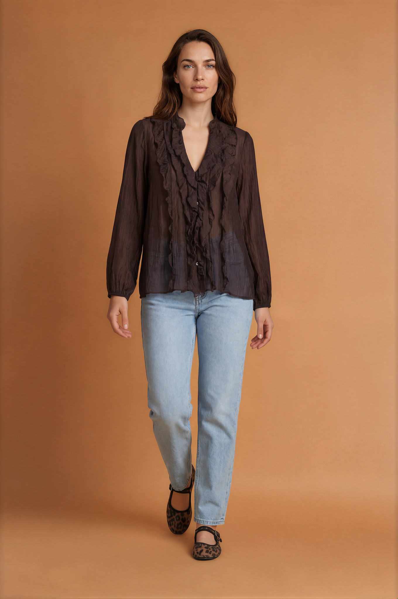 Frill V-Cut Long Sleeve Blouse
