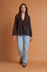 Frill V-Cut Long Sleeve Blouse