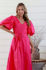 Watermelon V Neck Puff Sleeve Dress