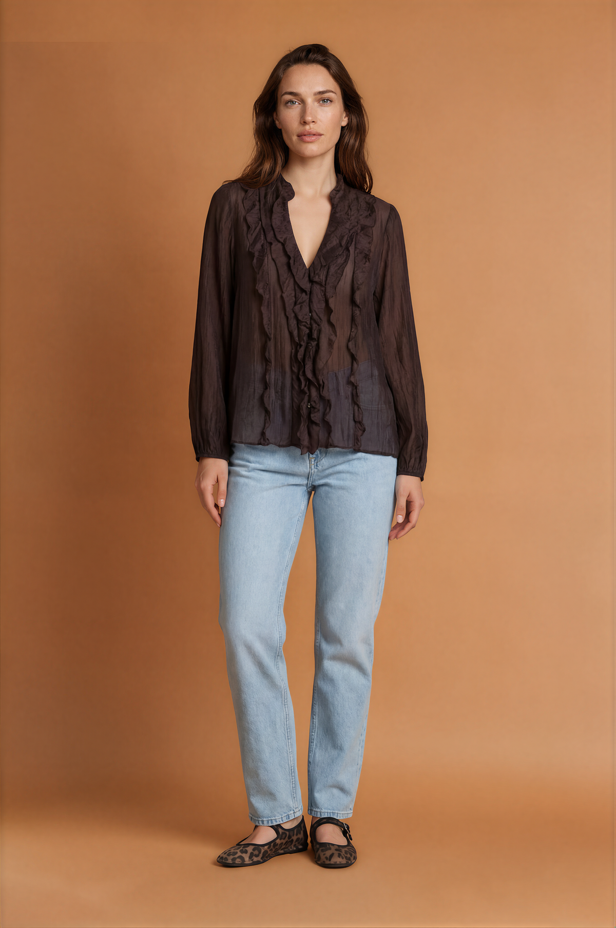 Frill V-Cut Long Sleeve Blouse