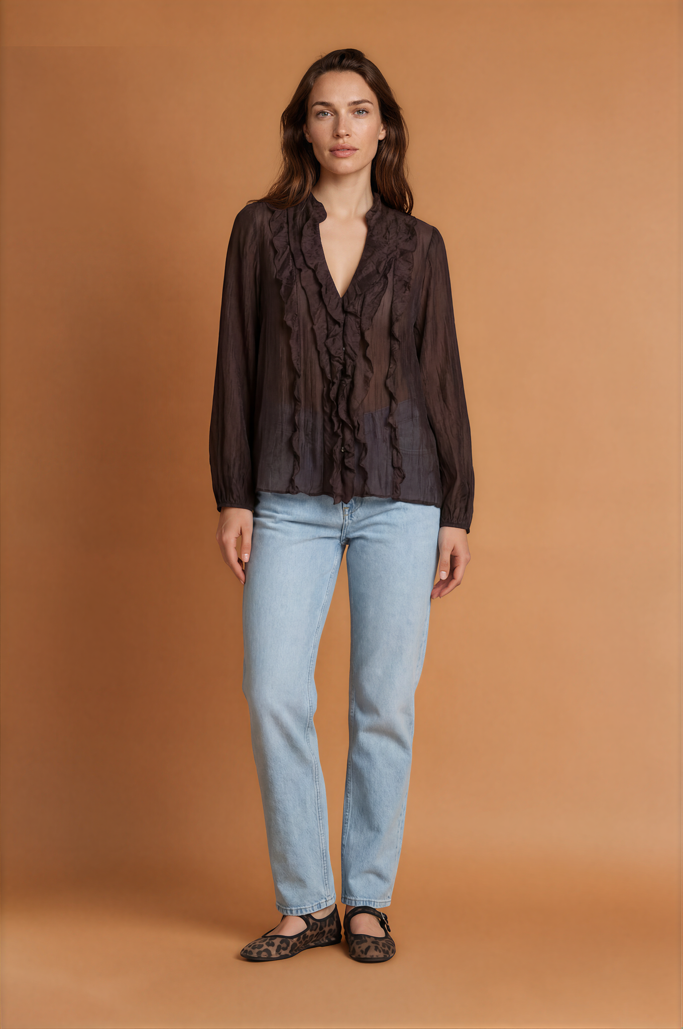 Frill V-Cut Long Sleeve Blouse