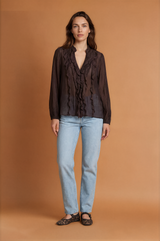 Frill V-Cut Long Sleeve Blouse