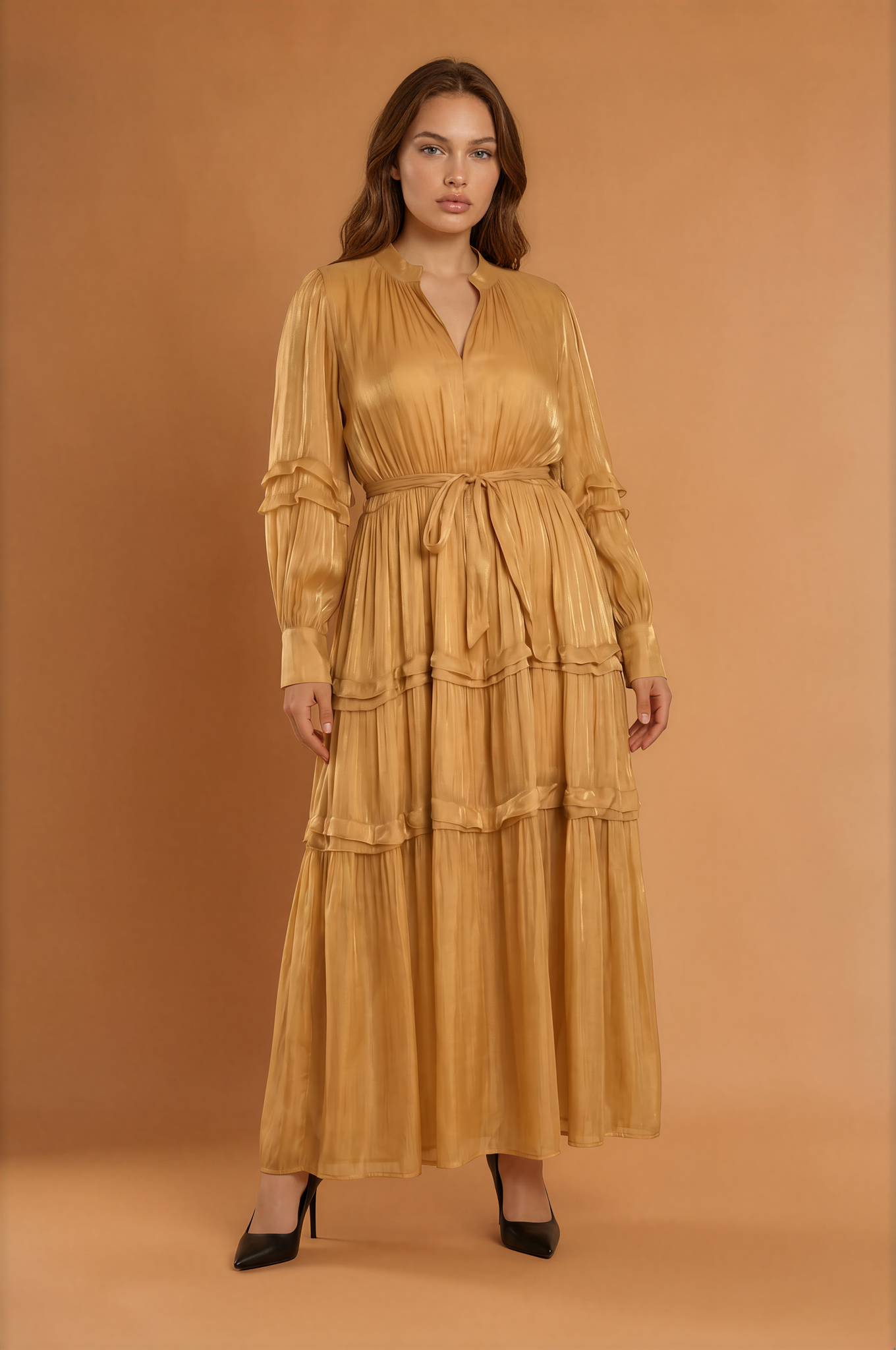 Elara Cinched Multi Layer Pleated Maxi Dress