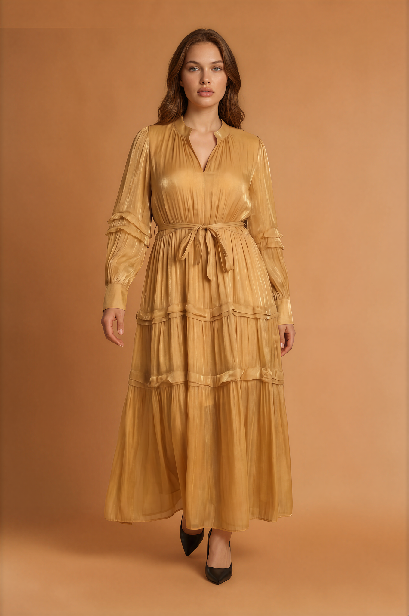 Elara Cinched Multi Layer Pleated Maxi Dress