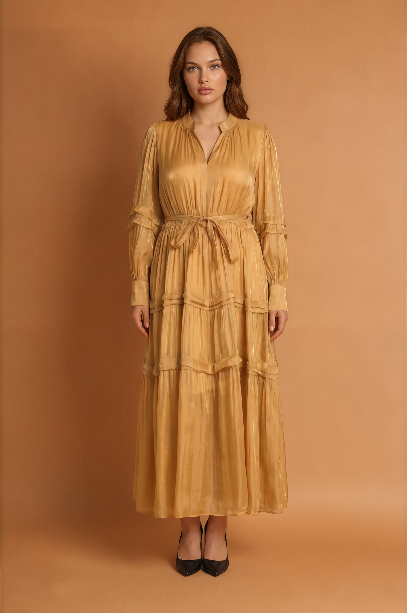 Elara Cinched Multi Layer Pleated Maxi Dress
