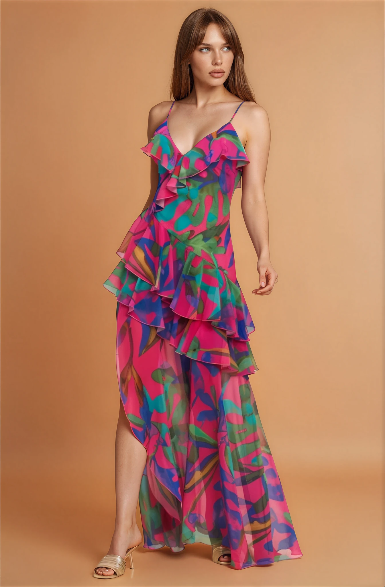 Palm Ruffle Chiffon Maxi